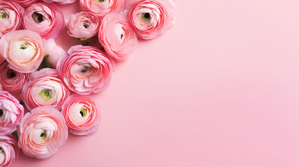 Tender ranunculus flowers as flat lay on pink background