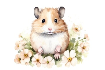 Watercolor hamster in flower field on white background