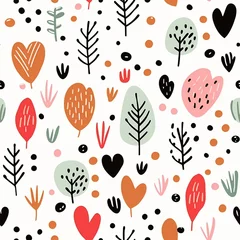 Foto op Canvas Seamless pattern with cute hand drawn doodle flower & trees minimal © Aonsnoopy