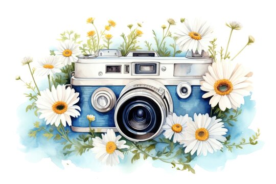 Watercolor photo camera in flower field on white background.