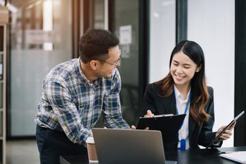 Project manager working and update tasks with milestones progress planning and professional investor working new start up project in the office.