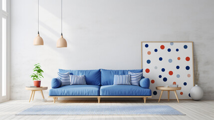 living room with a blue couch