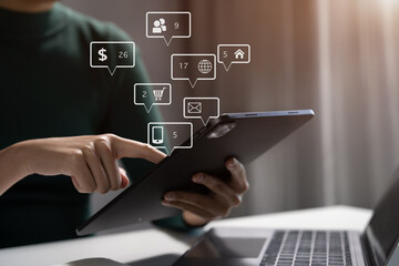 Businesswomen working with smart phone and laptop and digital tablet computer in office with digital marketing media in virtual icon.