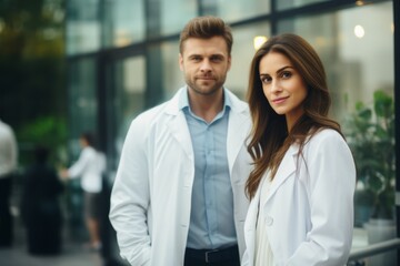 A man doctor and a woman doctor stand in white coats in front of the hospital