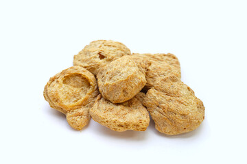 Textured soy protein on white background.