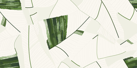 Modern minimal artistic botanical print. Hand drawn leaves collage contemporary seamless pattern.  - 662641293