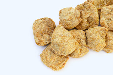 Textured soy protein on white background.