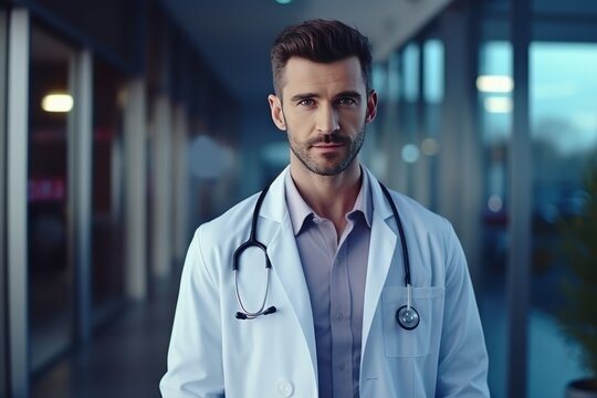A handsome male doctor in a white coat and with a statoscope on his neck and against the background of the hospital.
