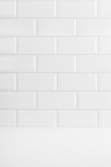 Elegant white abstract stage with white glossy ceramic rectangle tile wall, mockup abstract interior of bathroom, kitchen or scene for presentation, show, design in classic mediterranean style. - 662641436