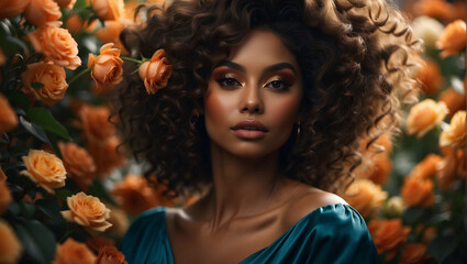 Attractive black girl with big beautiful bouquet of flowers. Beautiful afroamerican girl with flowers. Pretty woman with bright cherry lipstick. Art portrait with flowers.