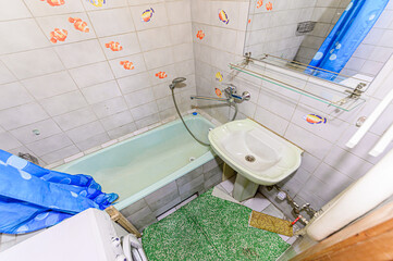 interior apartment room bathroom, sink, decorative elements, toilet
