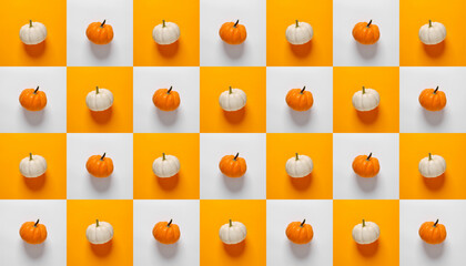 Creative pattern of pumpkins over white and orange backgrounds. Pumpkin pattern flat lay concept