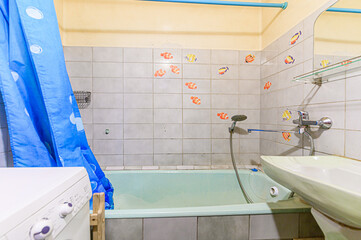 interior apartment room bathroom, sink, decorative elements, toilet