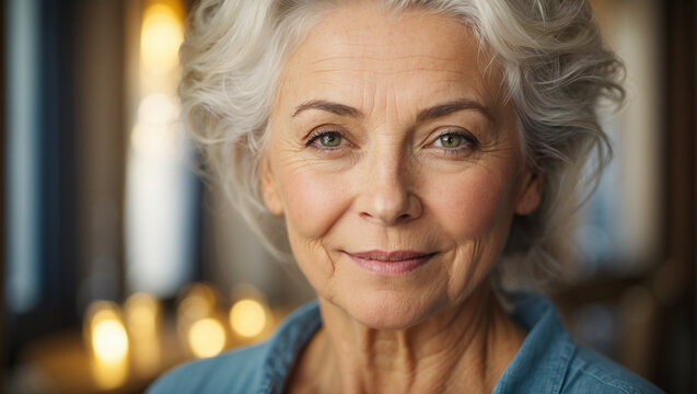 Portrait of gorgeous happy mature woman, senior older 60 year lady looking at camera