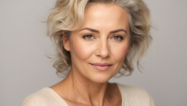 Portrait of gorgeous happy middle aged mature woman, senior older 50 year lady looking at camera, isolated on white. Lifting anti wrinkle skin care and spa theme