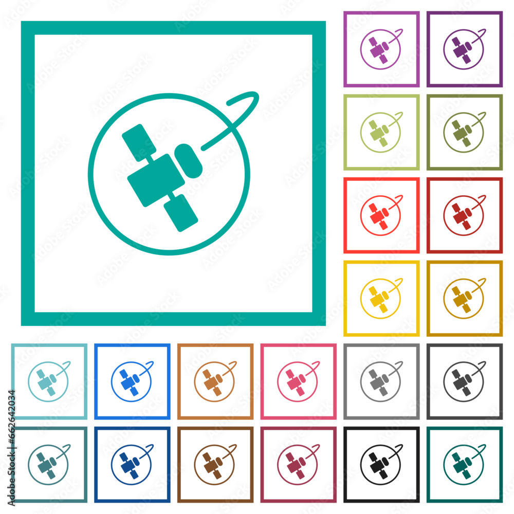 Poster satellite in orbit solid flat color icons with quadrant frames