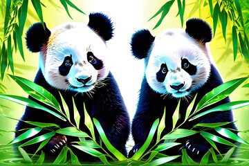 Photo of two baby pandas eating bamboo leaves. Generative AI