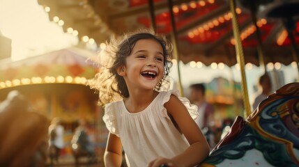 A young girl enjoying a ride on a colorful carousel at a vibrant carnival