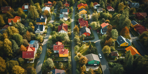 Family colorful houses in neighborhood with green trees, Aerial View - obrazy, fototapety, plakaty