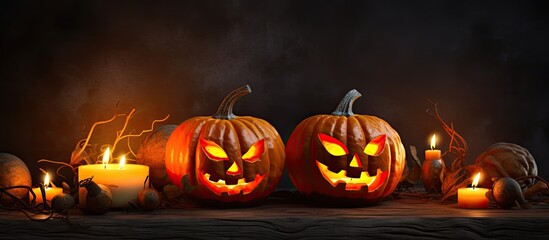 Halloween spiders and candle lit Jack o lanterns in the dark With copyspace for text