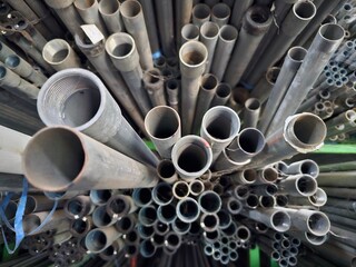 Steel plumbing pipes in a construction storage shed
