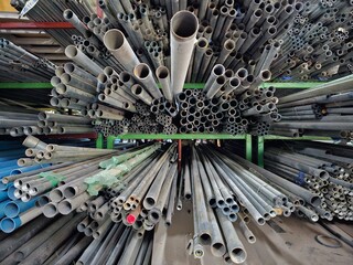 Steel plumbing pipes in a construction storage shed