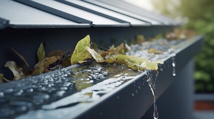 A clogged gutter overflowing with leaves and debris - obrazy, fototapety, plakaty