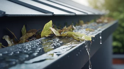 Foto op Aluminium A clogged gutter overflowing with leaves and debris © mattegg
