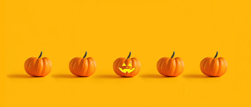 Halloween concept. Row of orange colored pumpkins with one spooky Jack O lantern faced pumpkin.
