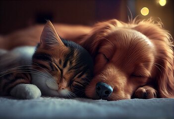 Cat and dog sleeping together. Kitten and puppy taking nap. Home pets. Animal care. Love and...