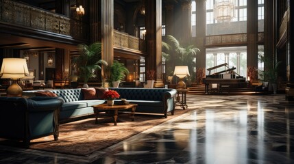 Fototapeta na wymiar Hotel lobby interior with reception desk, sofas, marble floor and long bar