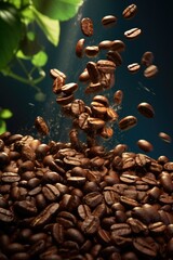 Obraz premium Roasted coffee bean falling in the air against dark background