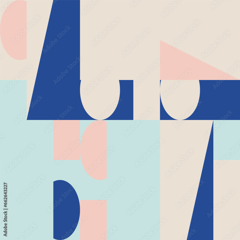 Leinwandbilder Abstract geometric vector seamless pattern. Modern background with simple shapes. Circles, squares, rectangles, triangles in pastel blue, pink, white colors