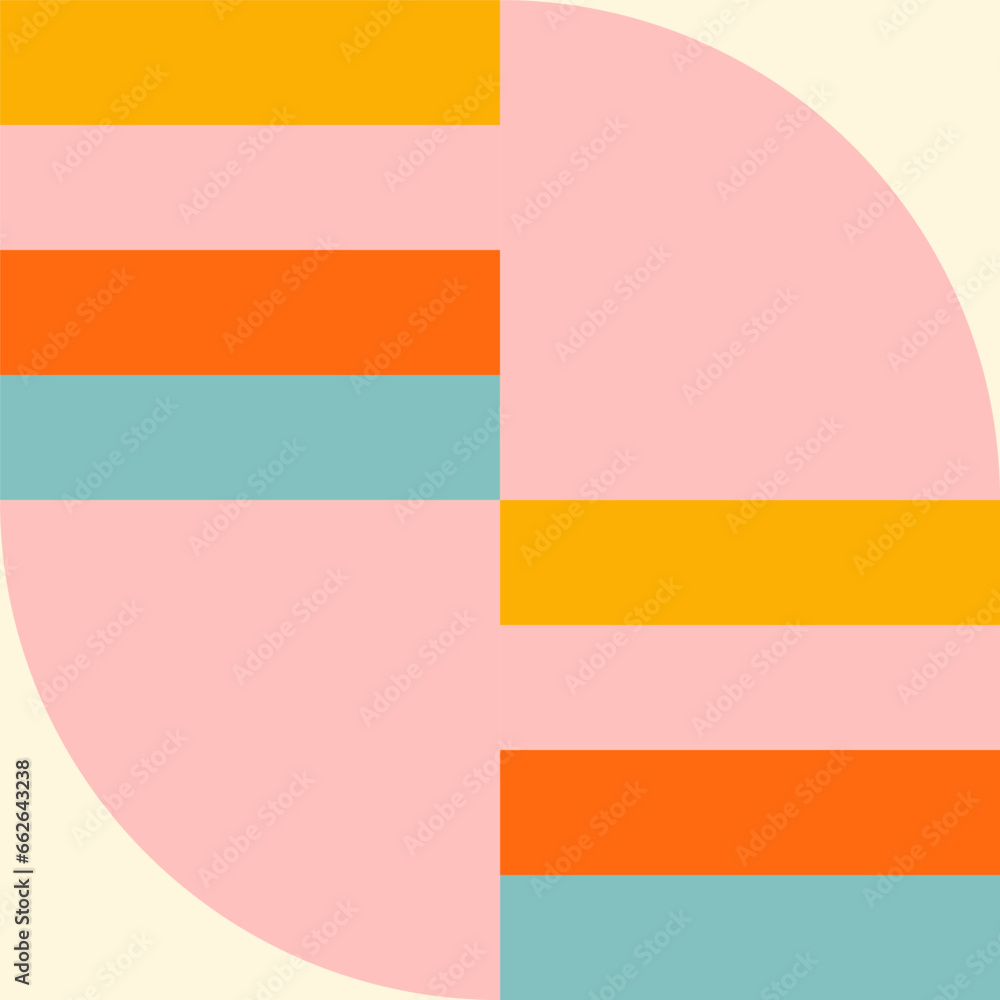 Poster Simple geometric seamless pattern. Modern abstract background with circle, semi circle, square, rectangle stripe shapes in pastel colors.