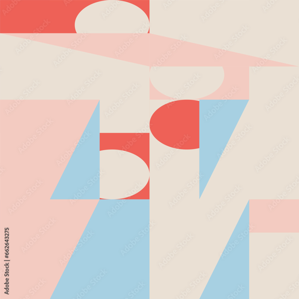 Poster Abstract geometric vector seamless pattern. Modern background with simple shapes. Circles, squares, rectangles, triangles in pastel colors