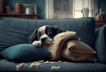 A mischievous, playful puppy bites the pillow after mischief while lying on the couch at home. A guilty dog and a ruined living room. Damaged messy house and puppy with funny guilty look - obrazy, fototapety, plakaty