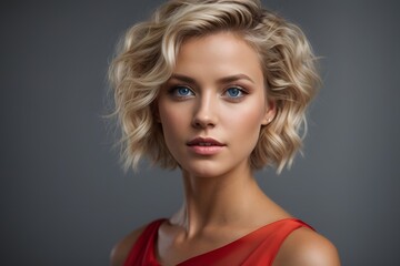 surprised attractive blonde woman in light red dress with short hair on solid grey background. Generative AI.