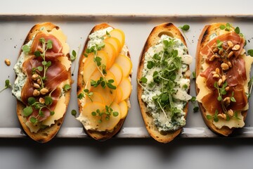 open sandwiches with pear prosciutto arugula and blue cheese.