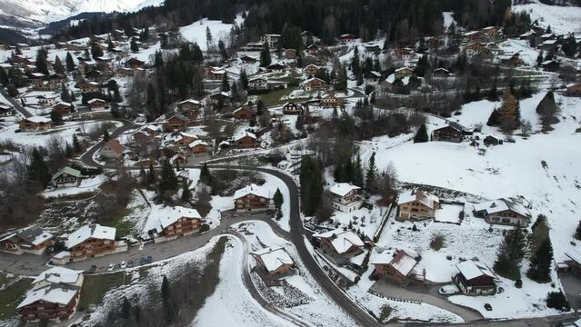 View of wooden houses and pine forest from the snowy hill in winter