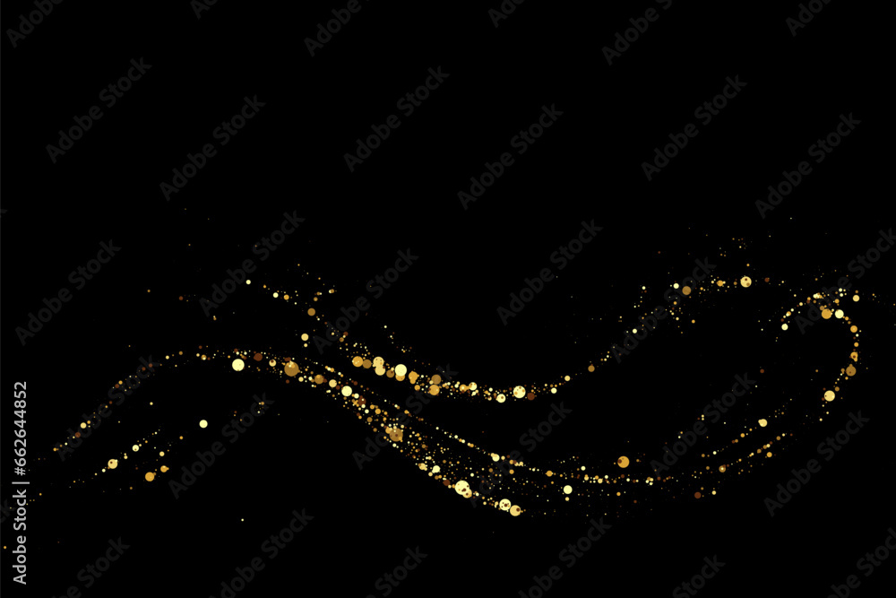 Poster scattered gold particles on a dark background. a wavy stream of shiny gold confetti. festive backgro