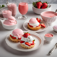 Strawberry shortcake with whipped cream and fresh strawberries with a cup of strawberry milkshake
