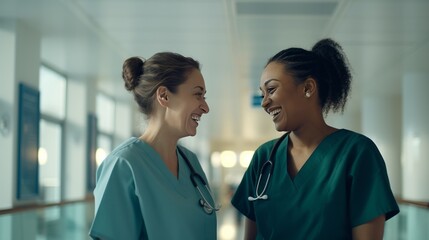 Two women in scrubs having a conversation in a hospital setting