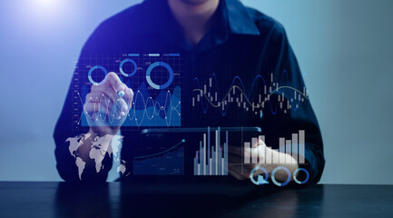 Team colleagues wear formal attire to work together to optimize business processes by using new technologies. high tech hologram