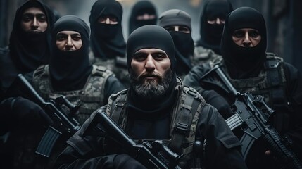 A group of terrorists with weapons - obrazy, fototapety, plakaty