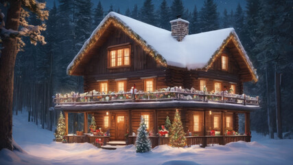 Obraz premium House in the forest, House in winter, House in the mountains, Forest landscape with winter house and festive Christmas trees, Christmas landscape