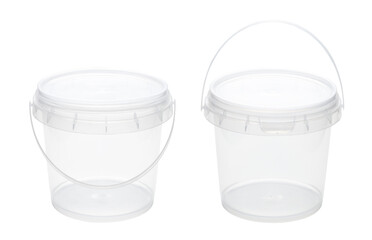 Transparent plastic bucket or box isolated on white background