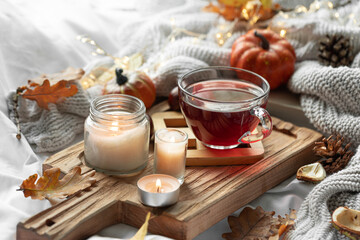 Autumn composition with a cup of tea, leaves and a knitted element.