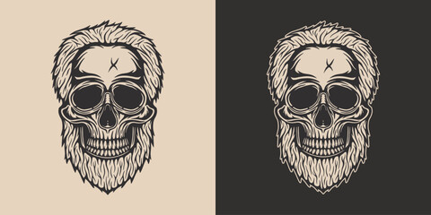 Vintage Retro woodcut linocut engraving barber shop element. Scary halloween skull hipster. Can be used for logo, emblem, badge, mark, poster design. Monochrome Graphic Art.