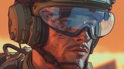 A military man in protective glasses. Fantasy concept , Illustration painting.