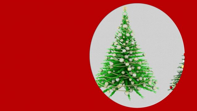 Filmato. Illustrazione 3D. Albero di Natale a comparsa su grafica a sfondo rosso con comparsa di spazio bianco e spazio per testo o logo personalizzato.